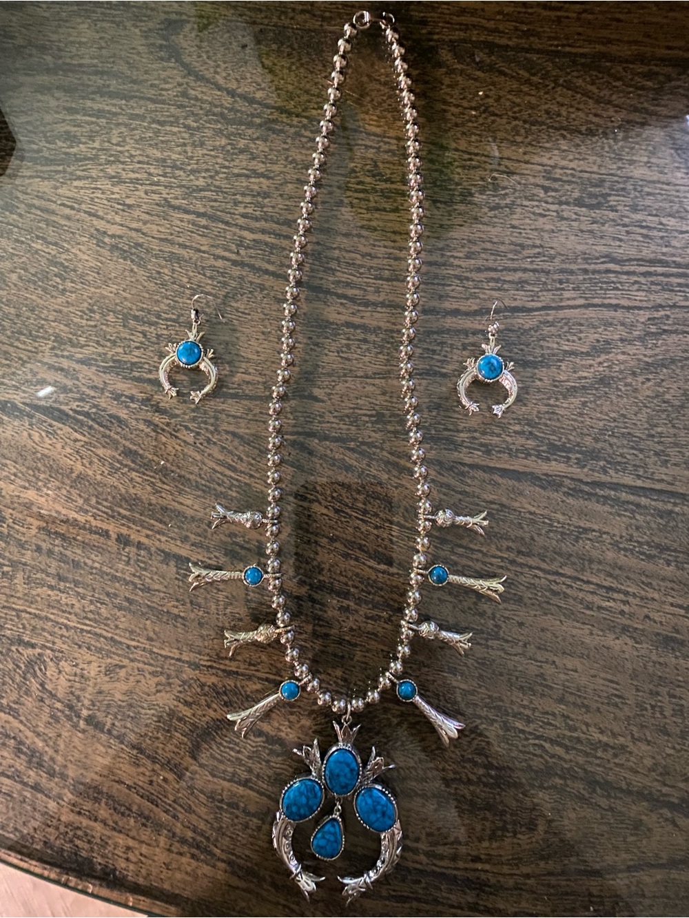 Turquoise Stone Squash Blossom Necklace Set - Women Jewelry